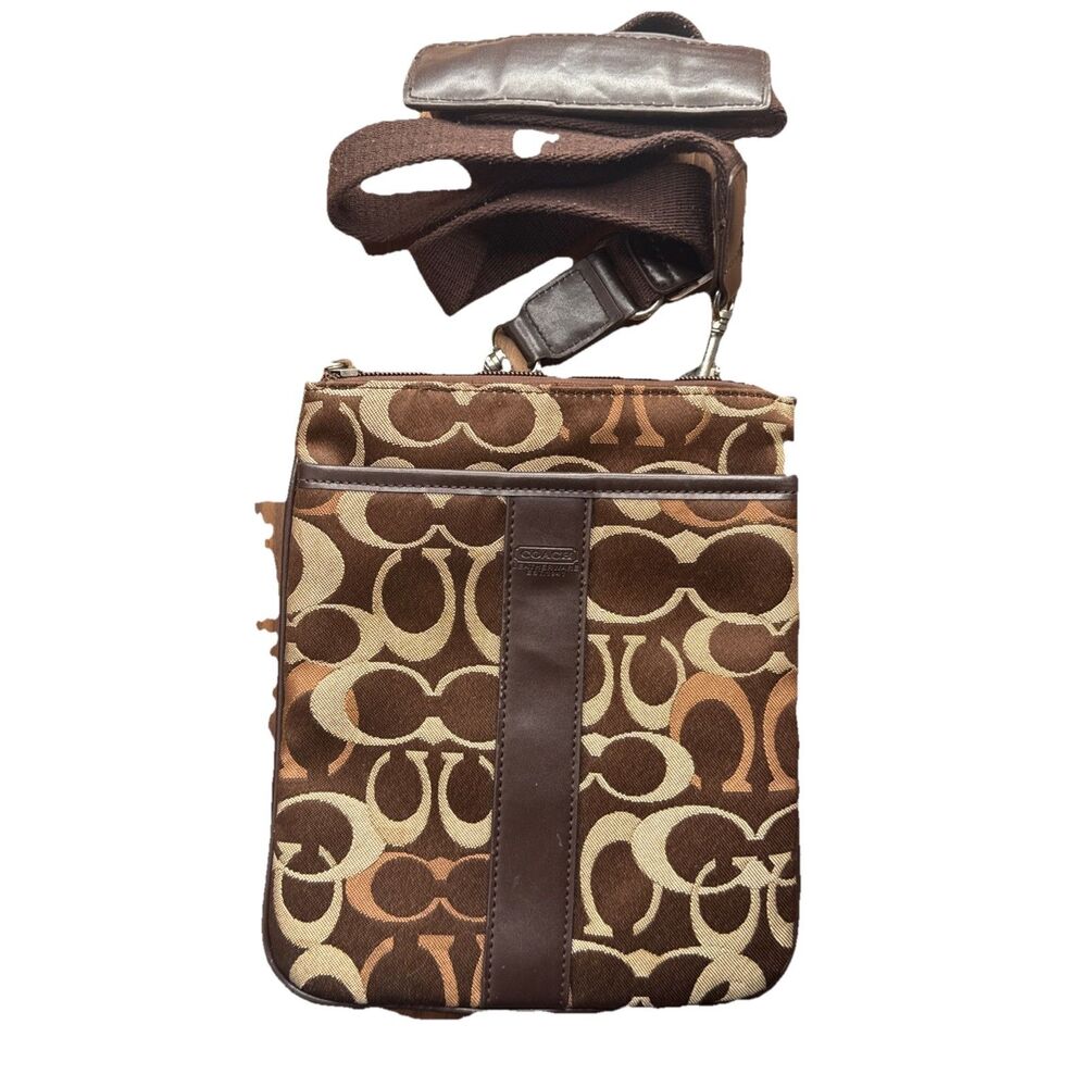 Coach Brown Beige Crossbody Shoulder Bag Logo Leather Trim Adjustable Women - Picture 2 of 7